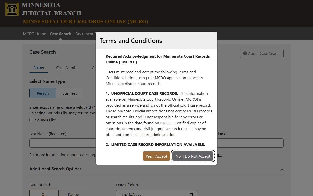 Ramsey County court records after arrest MCRO case search form