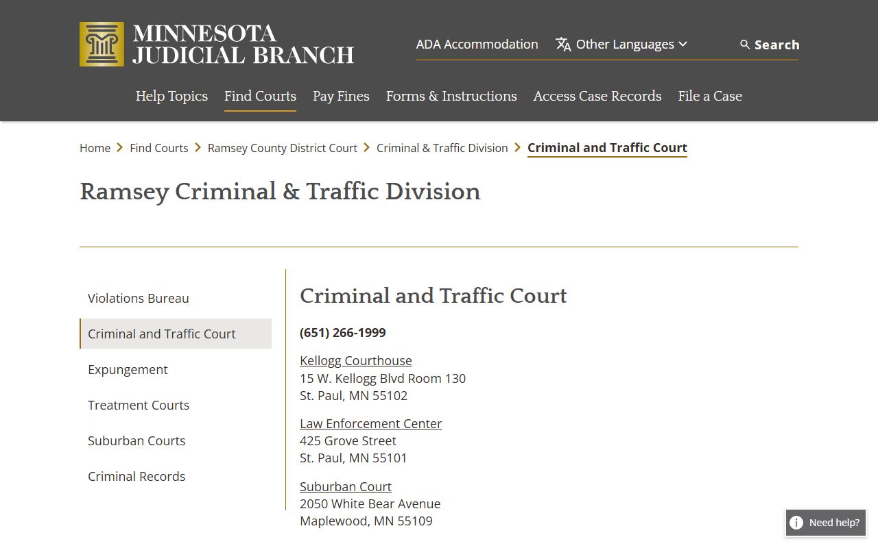 Ramsey County court records after jail arrest criminal and traffic court contact page