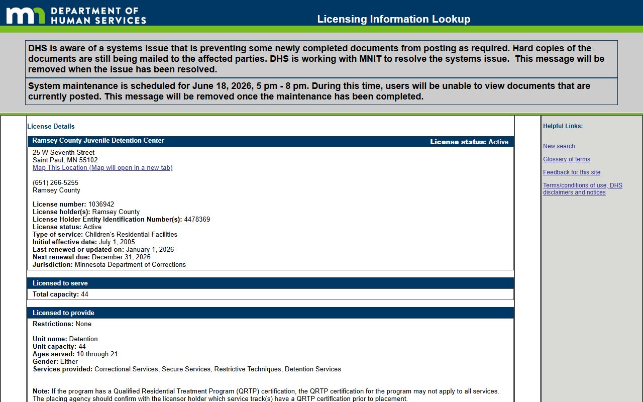 Ramsey County Juvenile Detention Center DHS license record access